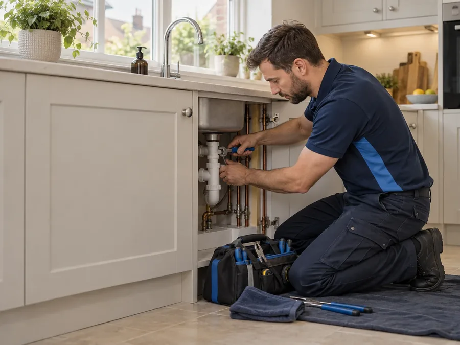 An engineer working on the waste pipe under a kitchen sink, with a protective mat and tool bag laid out on the floor
