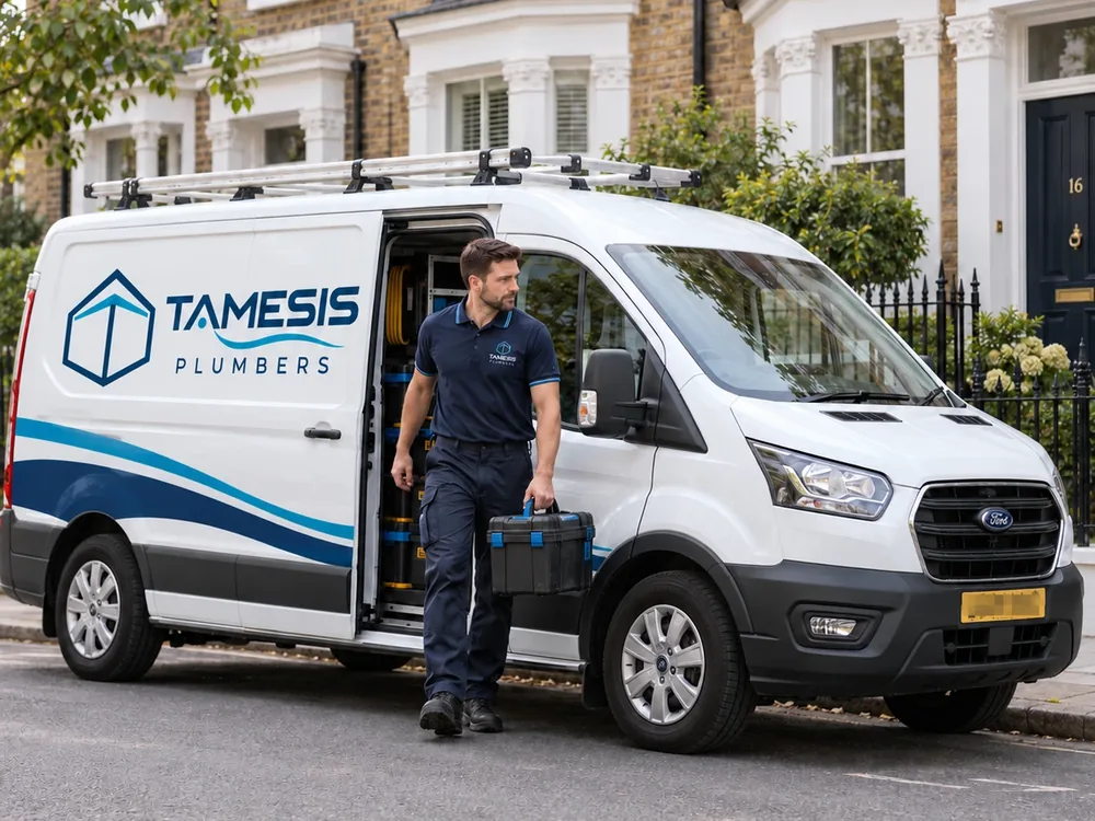 A Tamesis Plumbers van parked on a London street, with an engineer carrying a tool case towards a front door